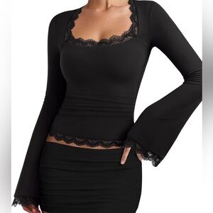 Elegant Black Lace Trim Long Sleeve Top